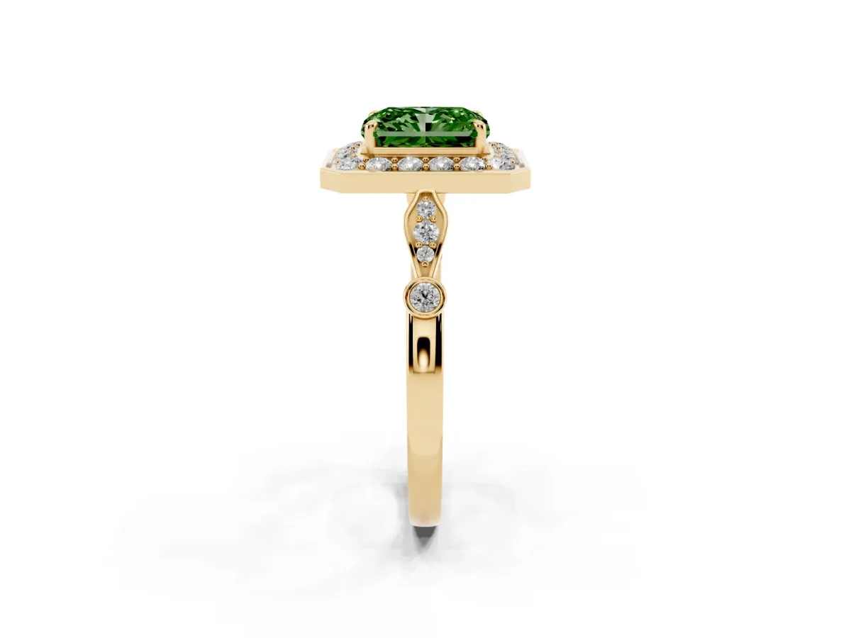 Fancy Green Radiant Cut Halo Diamond Engagement Ring with Twisted Band and Four-Prong Setting Yellow gold