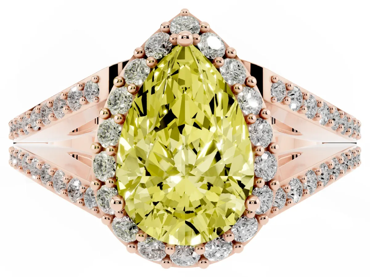 Fancy Yellow Pear Cut Halo Split Shank Pave Diamond Ring with Four-Prong Setting Rose gold