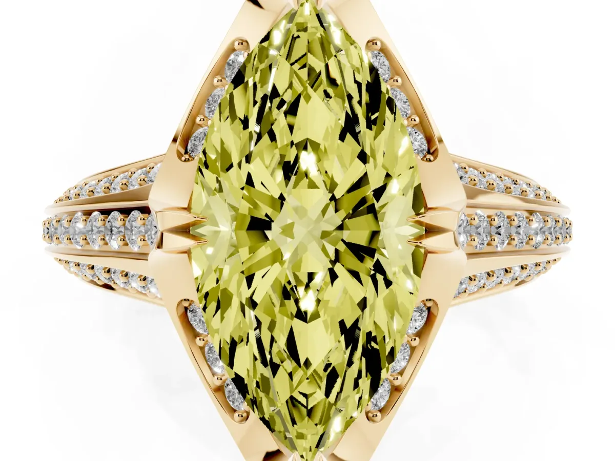 Fancy Yellow Marquise Cut Solitaire Pave Split Shank Ring with Four-Prong Setting Yellow gold