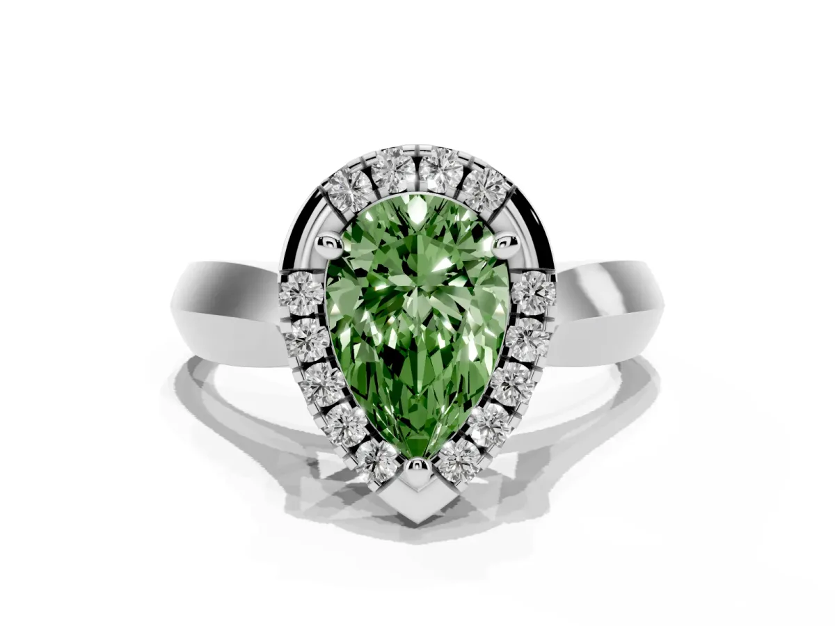 Fancy Green Pear Cut Cut Halo Solitaire Engagement Ring with Square Band and Four-Prong Setting White gold
