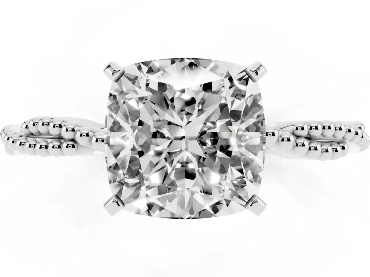 Cushion Cut Solitaire Twisted Band with Bead Prong Setting Platinum