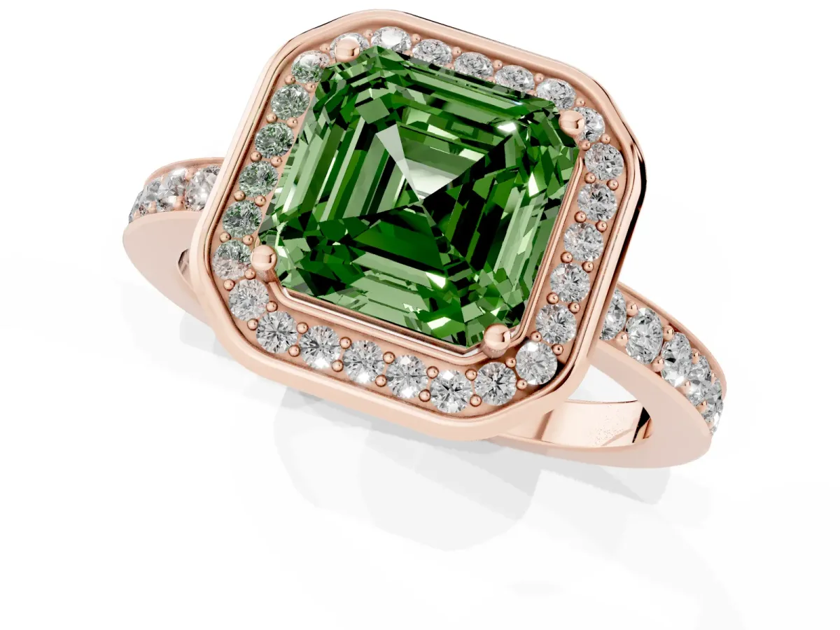 Fancy Green Asscher Cut Diamond Halo Ring with Bezel Frame and Pavé Band Rose gold