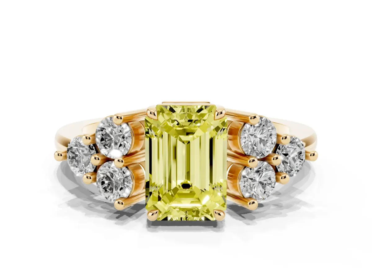 Fancy Yellow Emerald Cut Brilliant Diamond Cluster Accent Solitaire Ring with Prong Setting Yellow gold