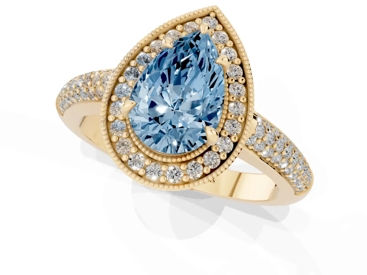 Fancy Blue Pear Cut Cut Halo Diamond Pave Band with Four-Prong Setting Yellow gold