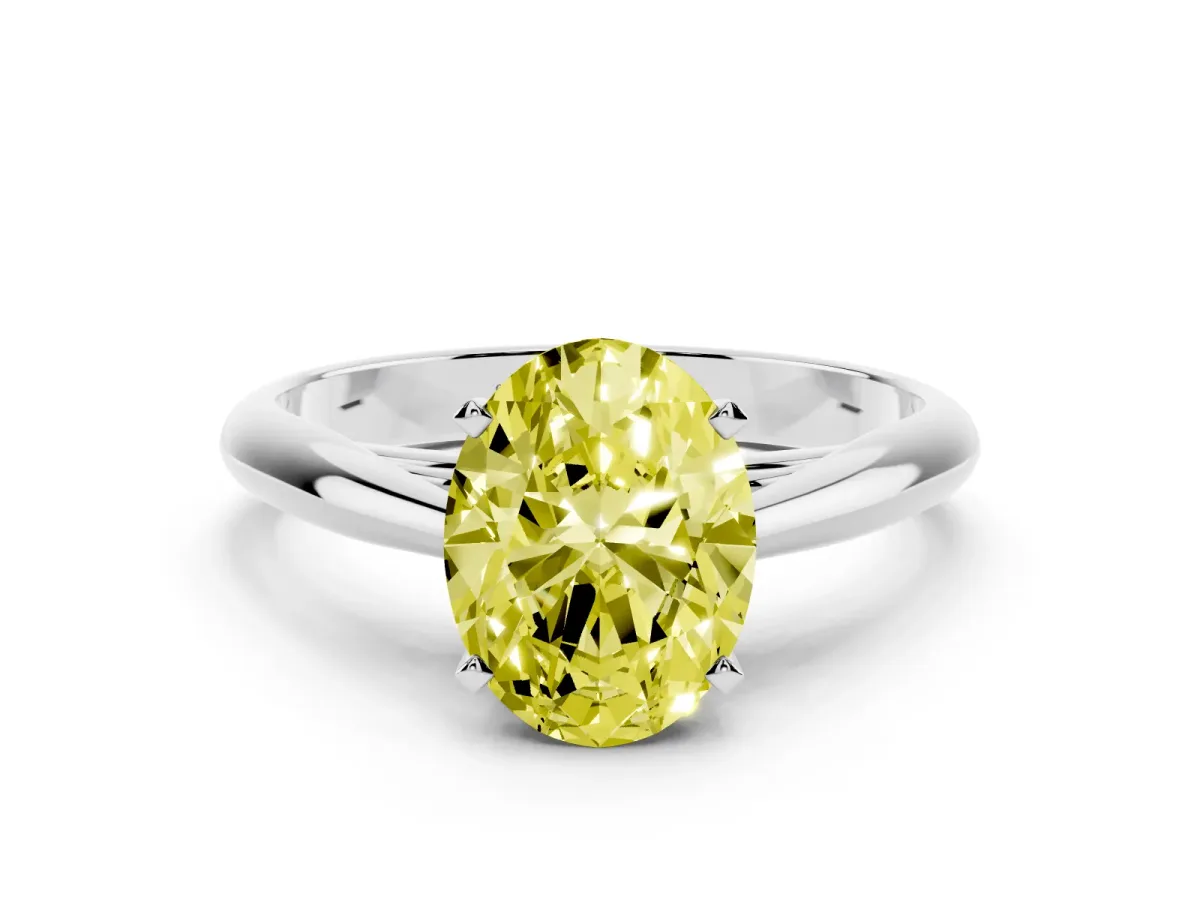 Fancy Yellow Oval Cut Diamond Solitaire Engagement Ring with Cathedral Setting and Four-Prong Mount Silver