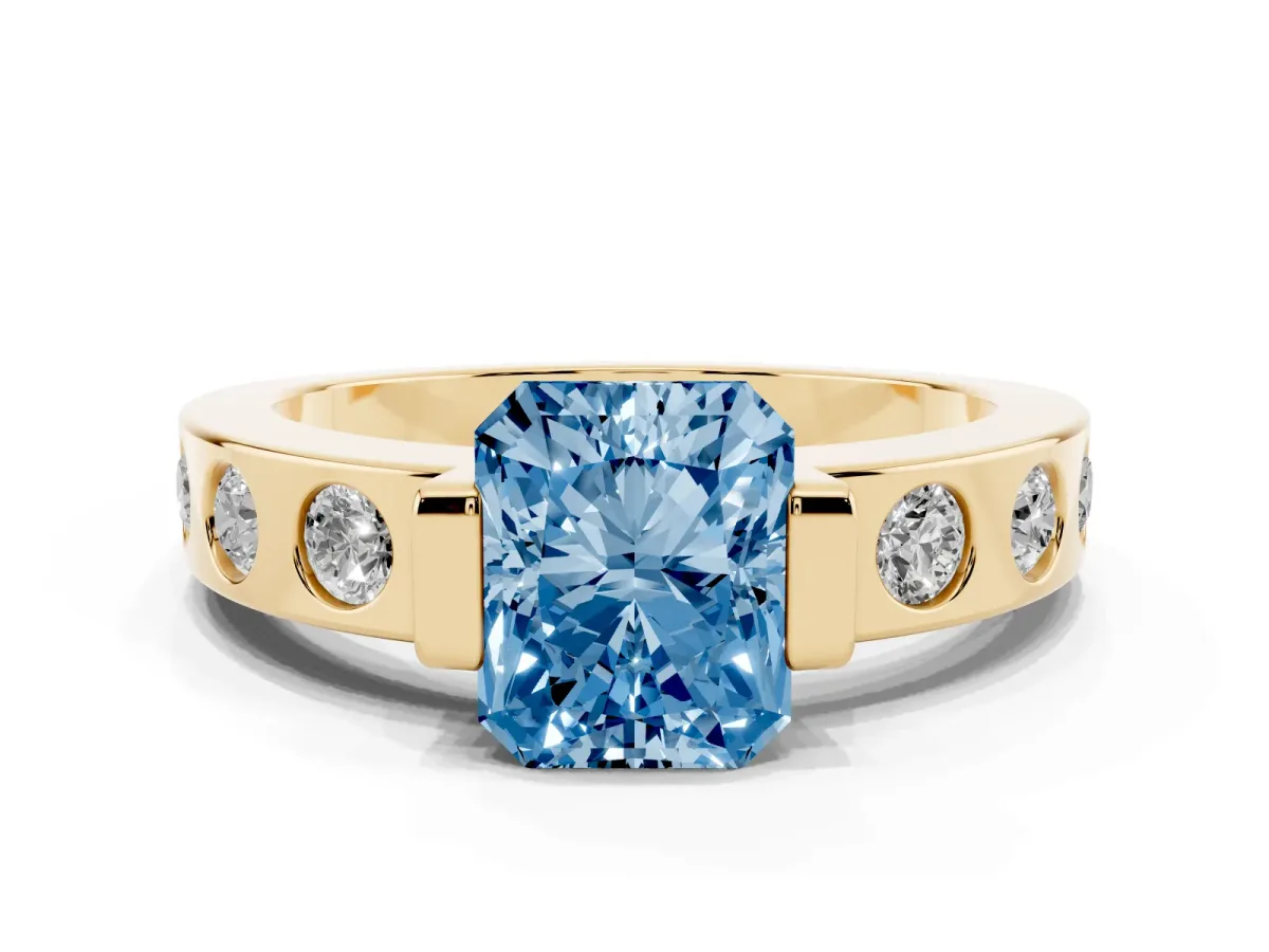 Fancy Blue Radiant Cut Brilliant Channel-Set Diamond Ring with Bezel Prong Setting Yellow gold