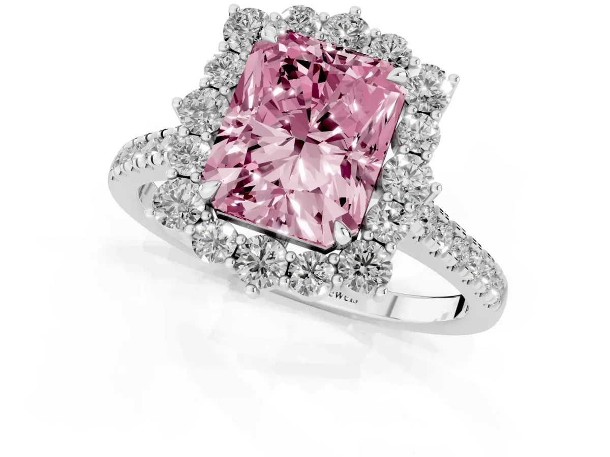 Fancy Pink Radiant Cut Halo Diamond Ring with Pavé Band and Prong Setting Silver