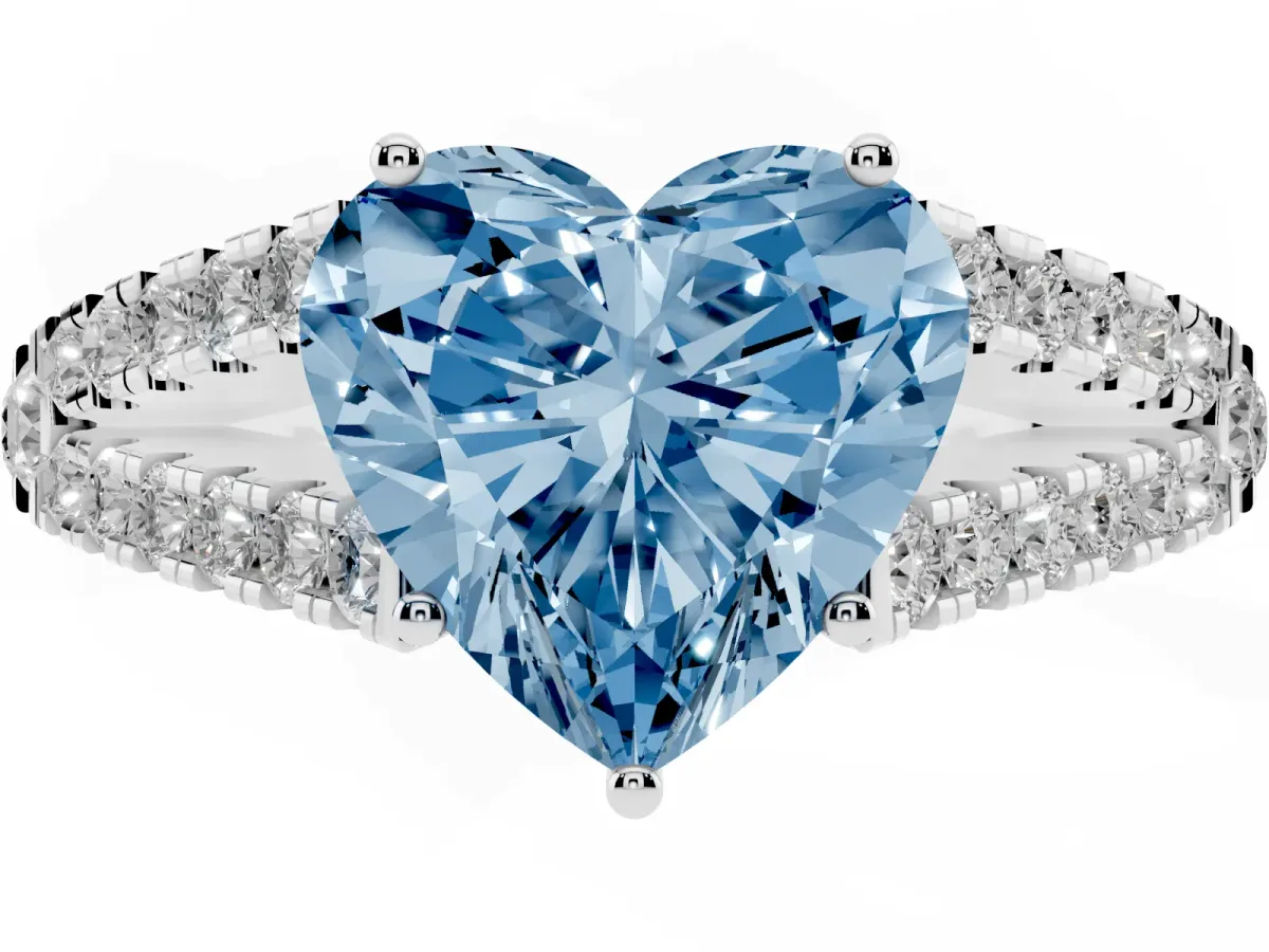 Fancy Blue Heart Cut Diamond Split Shank Pavé Engagement Ring with Four-Prong Setting White gold