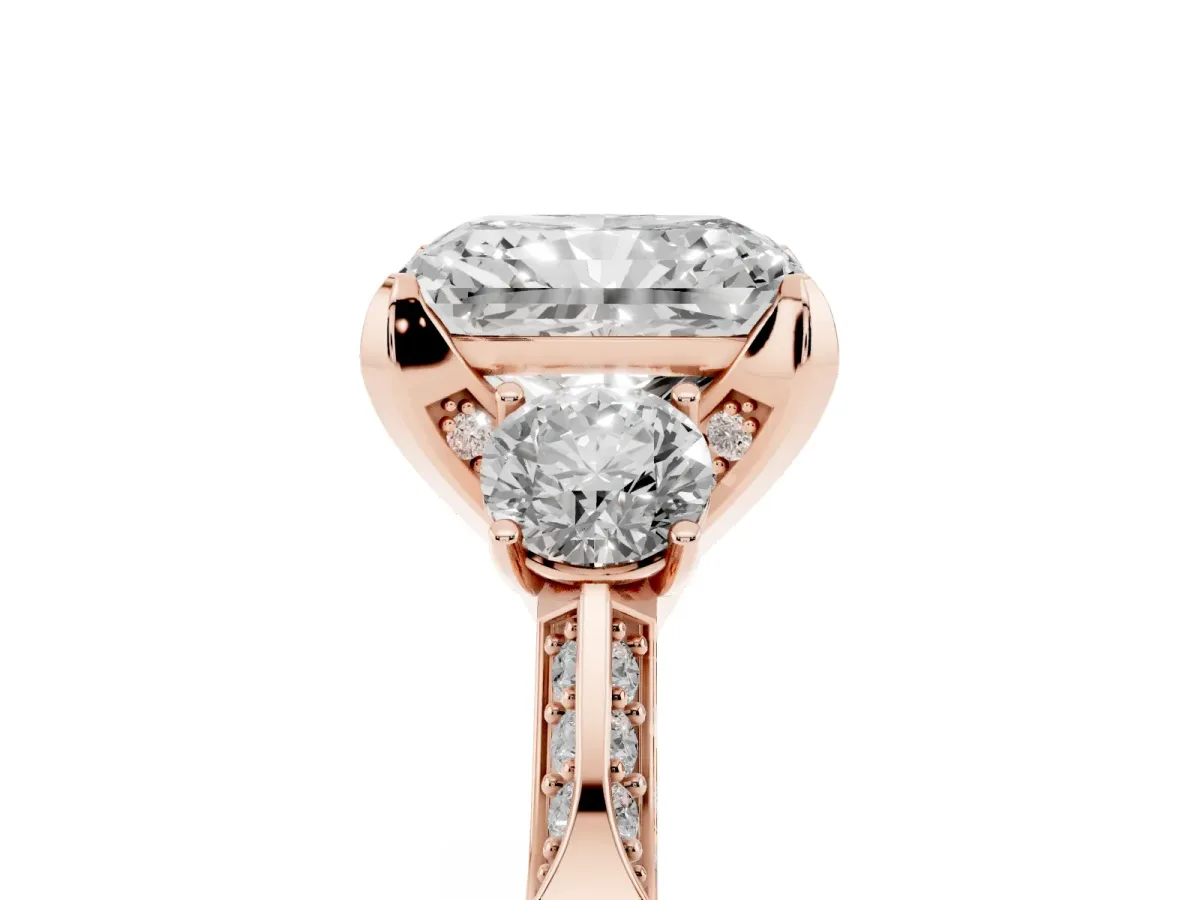 Radiant Cut Brilliant Three-Stone Diamond Ring with Pavé Band and Four-Prong Setting Rose gold
