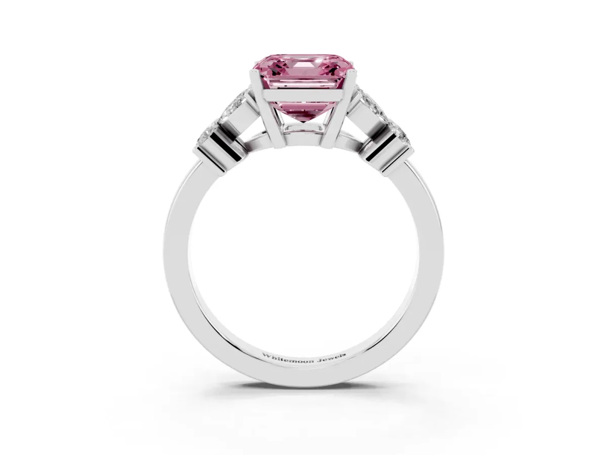 Fancy Pink Asscher Cut Diamond Floral Cluster Ring with Solitaire Band and Prong Setting Silver