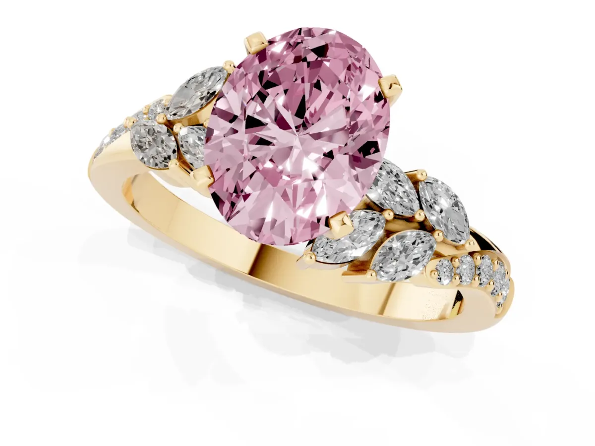 Fancy Pink Oval Cut Solitaire Marquise Twist Band with Six-Prong Setting Yellow gold