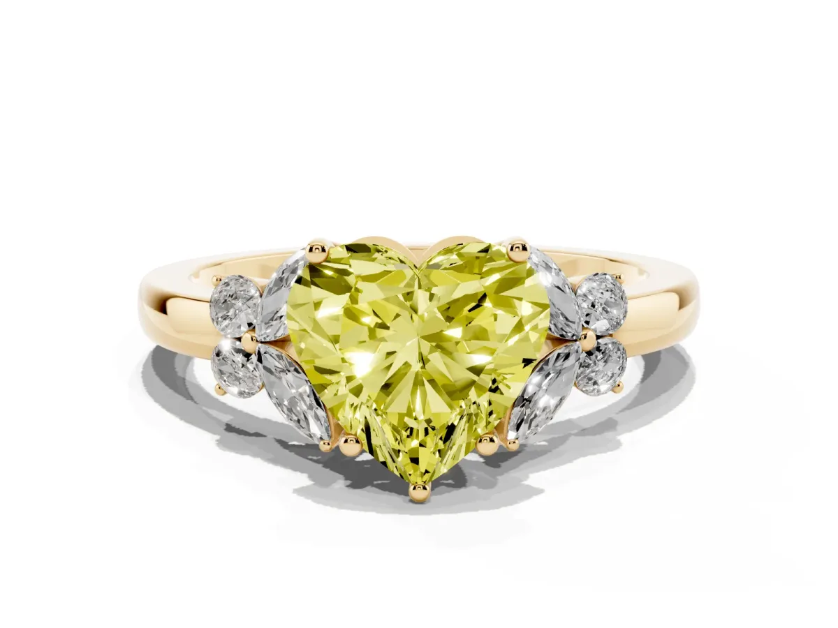 Fancy Yellow Heart Cut Cut Solitaire Floral Diamond Ring with Four-Prong Setting Yellow gold