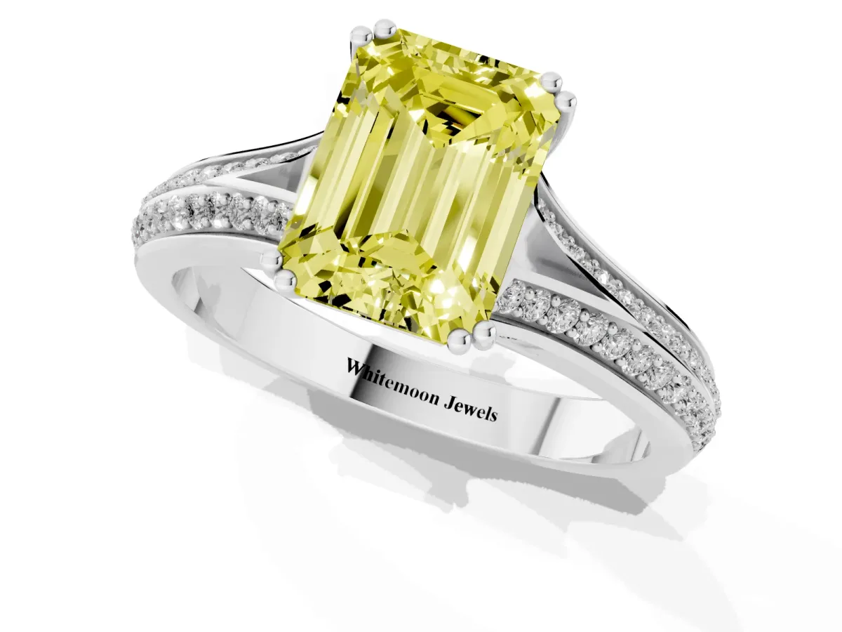 Fancy Yellow Emerald Cut Diamond Split Shank Engagement Ring with Pavé Band Silver