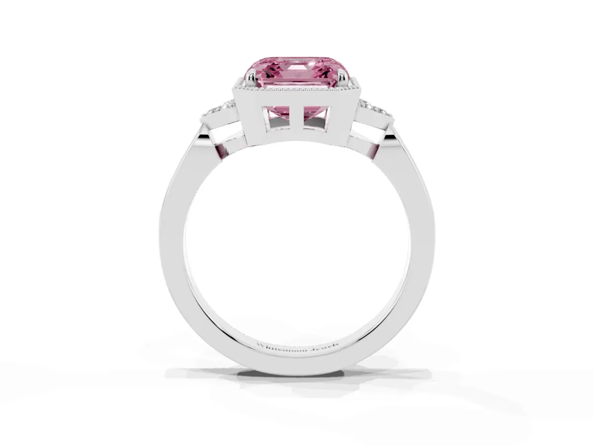 Fancy Pink Milgrain Asscher Cut Cut Diamond Ring with Tapered Pave Band and Four Prong Setting White gold