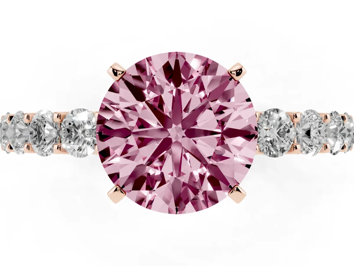 Fancy Pink Round Cut Diamond Solitaire Ring with Shared Prong Pavé Band and Four-Prong Setting Rose gold