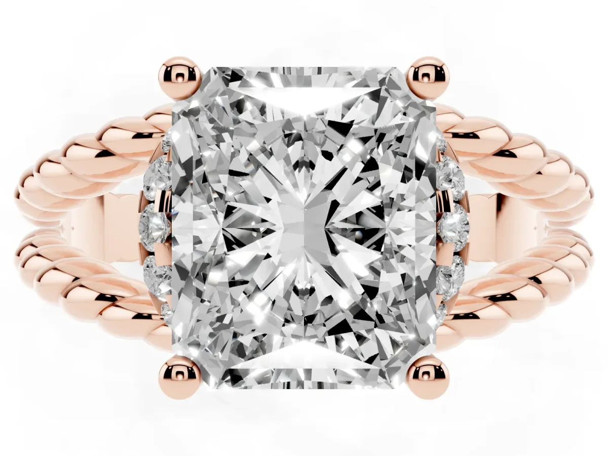 Radiant Cut Halo Twisted Band Four-Prong Ring Rose gold