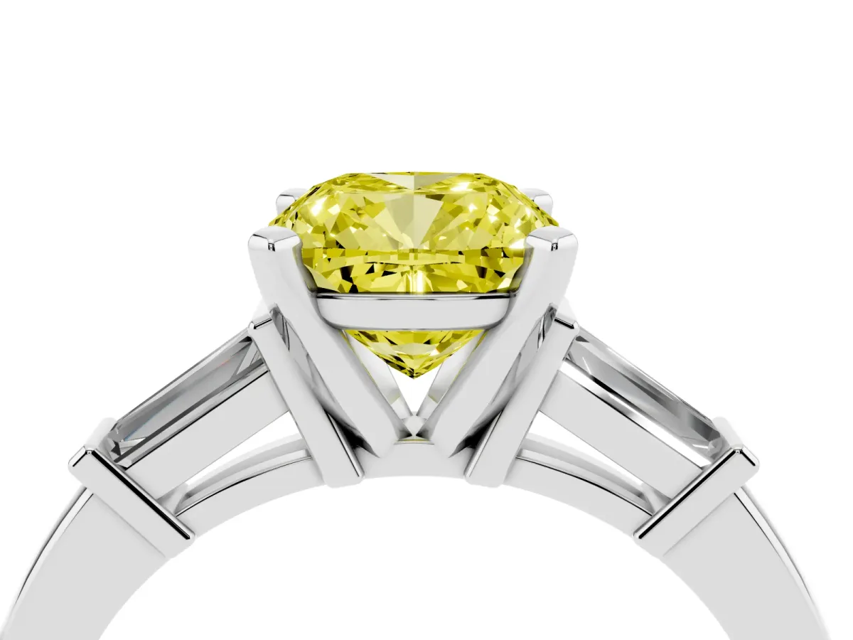 Fancy Yellow Cushion Cut Cut Diamond Solitaire Ring with Tapered Baguette Accents and Four-Prong Setting White gold