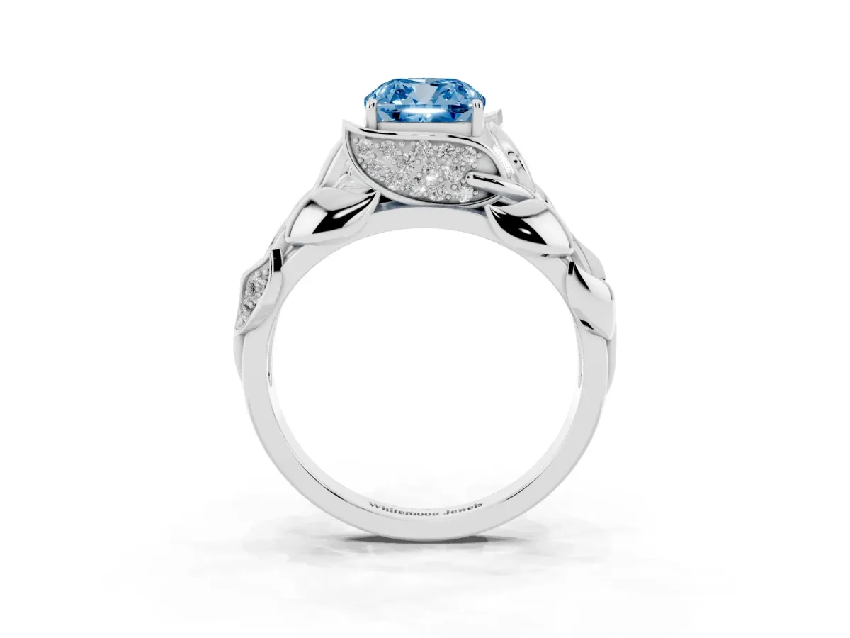 Fancy Blue Cushion Cut Diamond Leaf-Inspired Engagement Ring with Round Accents and Prong Setting Silver