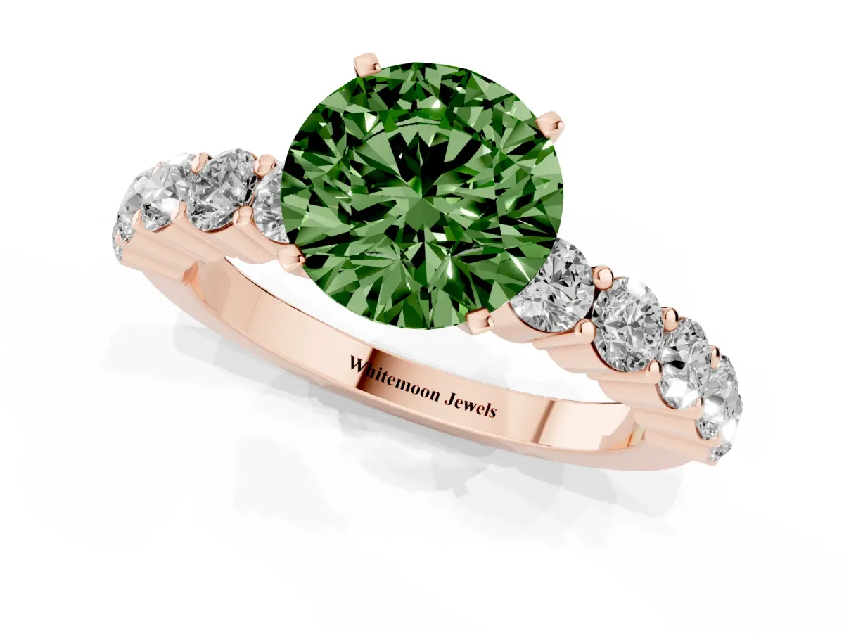 Fancy Green Round Cut Diamond Solitaire Ring with Shared Prong Round Side Stones Rose gold