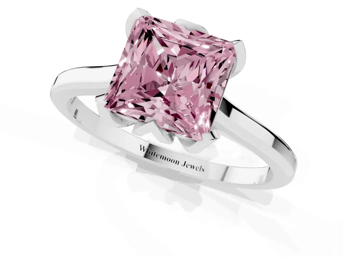 Fancy Pink Princess Cut Diamond Solitaire Ring with Flower Prong Setting and Classic Band Silver