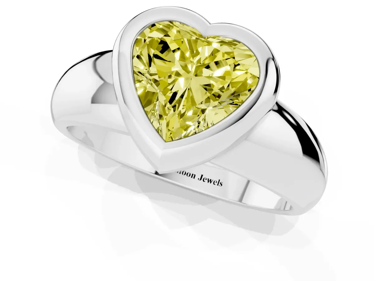 Fancy Yellow Bezel Set Heart Cut Solitaire Ring with Wide Band Silver