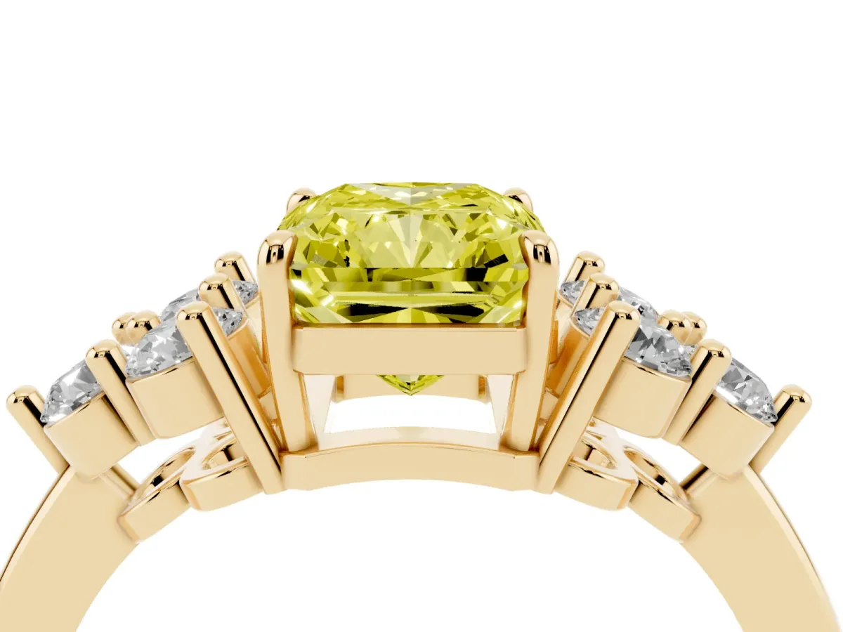 Fancy Yellow Radiant Cut Brilliant Diamond Cluster Accent Solitaire Ring with Prong Setting Yellow gold