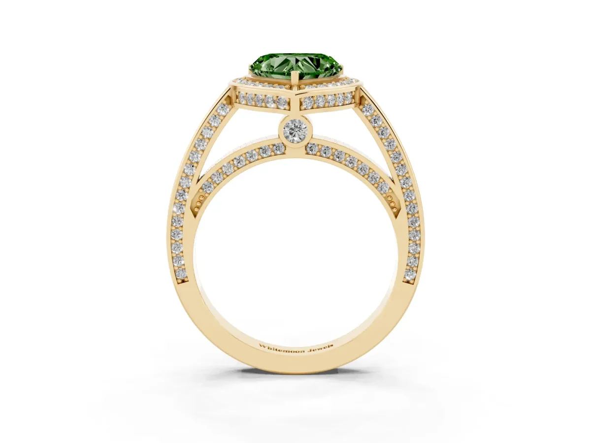 Fancy Green Heart Cut Cut Halo Pave Split Shank Prong Setting Ring Yellow gold