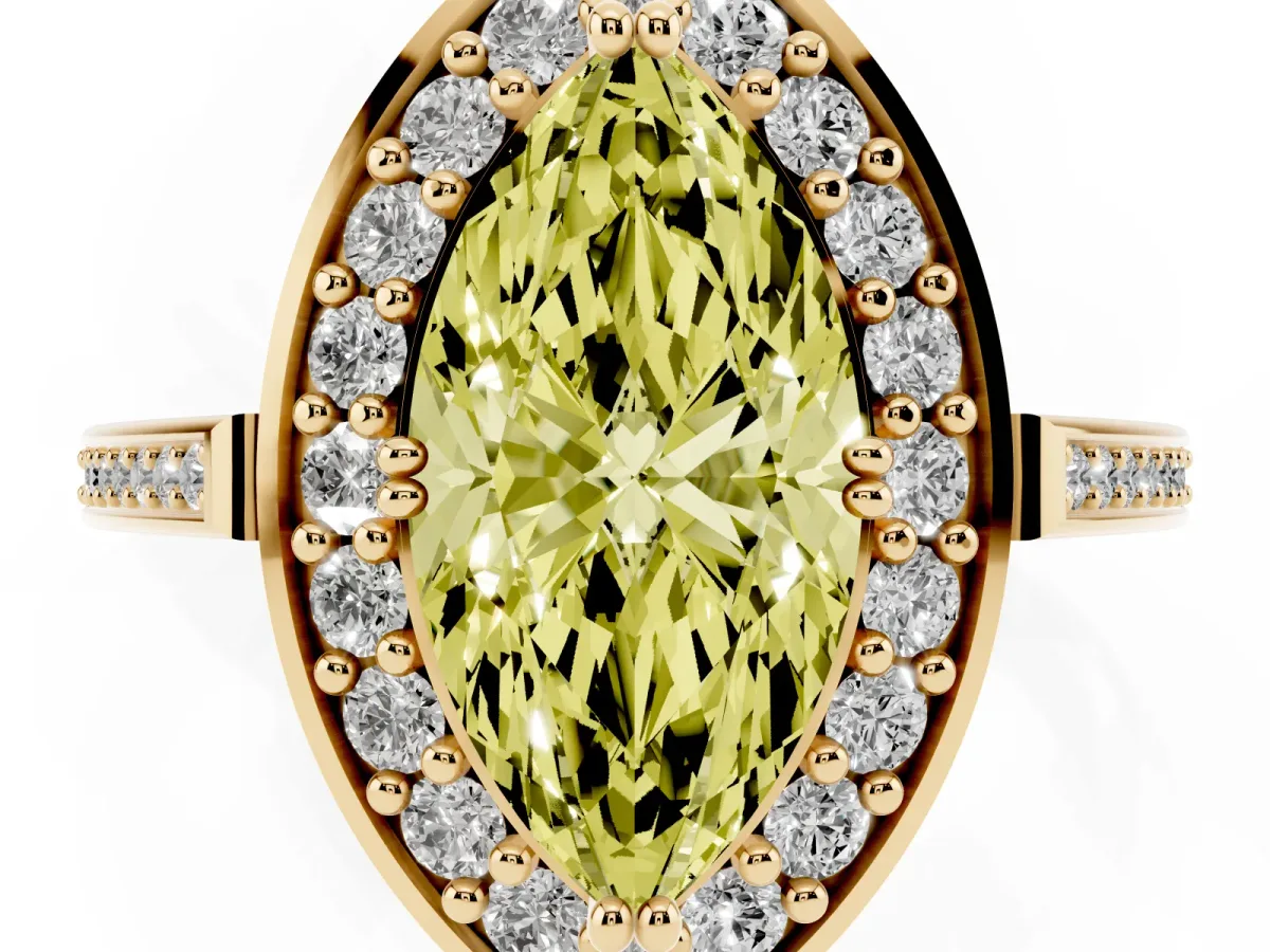 Fancy Yellow Marquise Cut Diamond Halo Ring with Split Shank and Four-Prong Setting Yellow gold