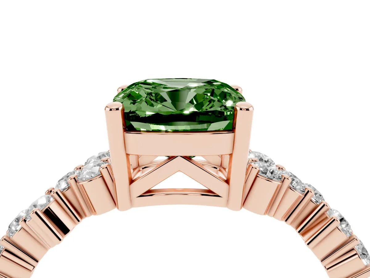 Fancy Green Cushion Cut Diamond Scattered Round Accent Ring with Prong Setting Rose gold