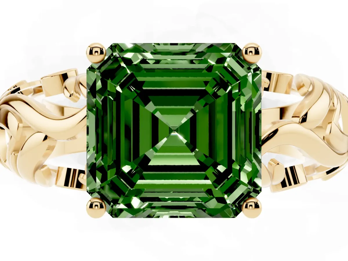 Fancy Green Asscher Cut Solitaire Diamond Leaf-Inspired Vine Band Ring with Prong Setting Yellow gold