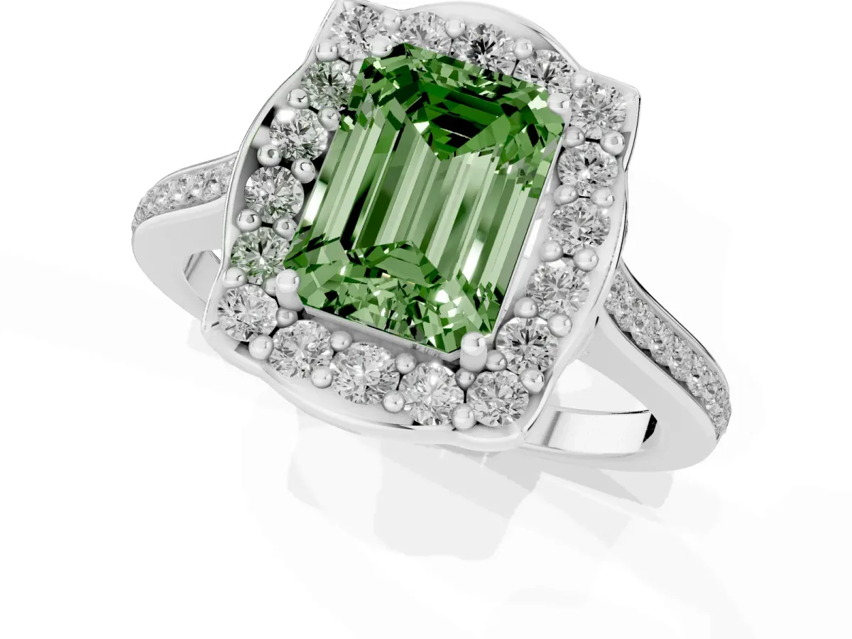Fancy Green Emerald Cut Halo Round Diamond Pave Band with Four-Prong Setting Silver