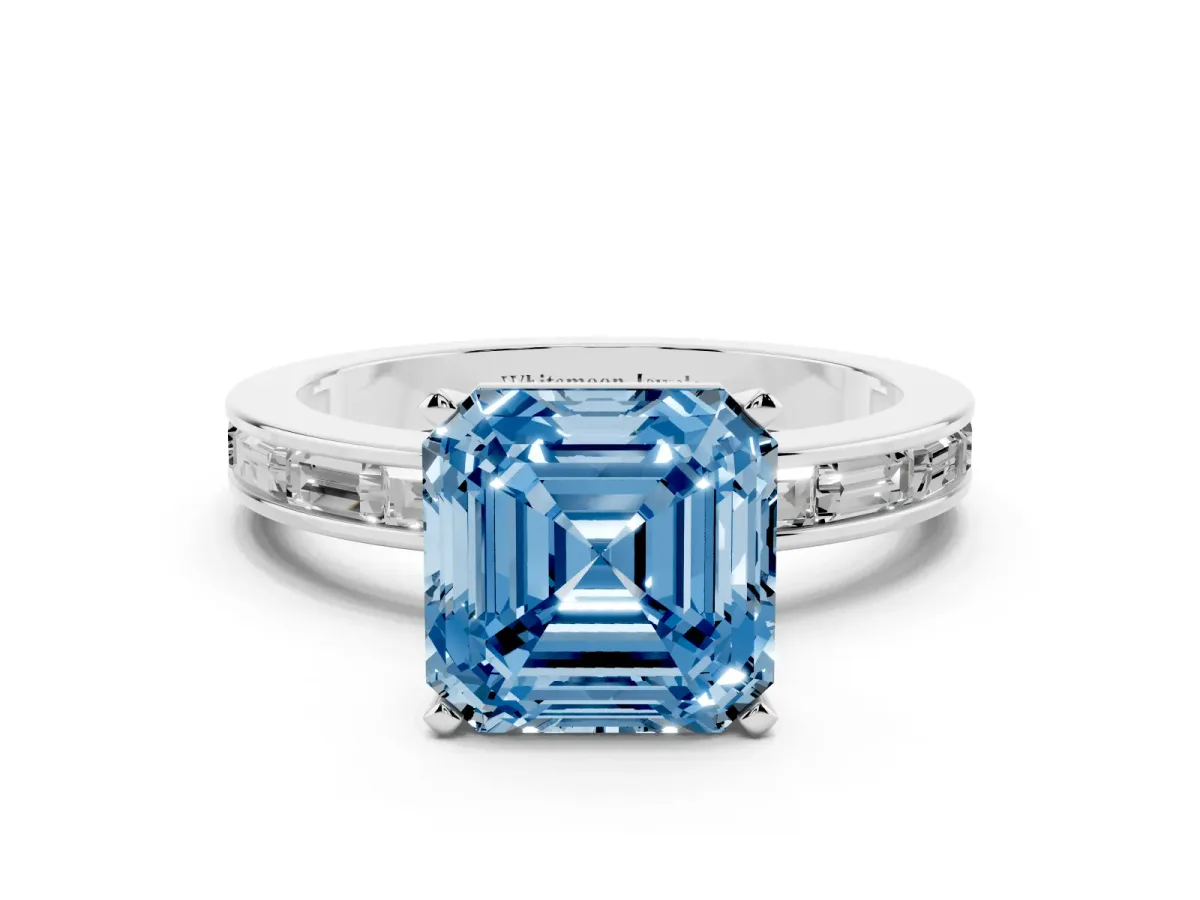 Fancy Blue Asscher Cut Solitaire Diamond Ring with Channel-Set Baguette Band and Four-Prong Setting Silver