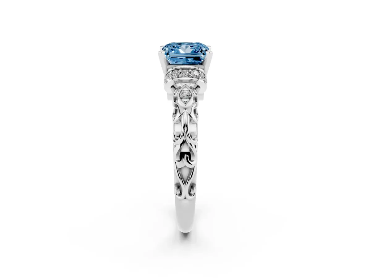 Fancy Blue Princess Cut Diamond Solitaire Ring with Filigree Band and Four-Prong Setting Platinum