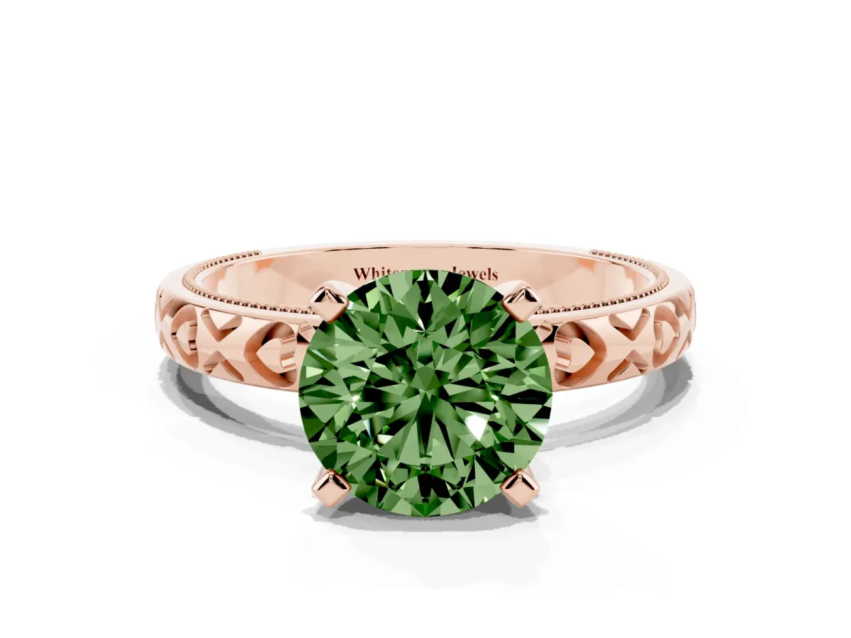 Fancy Green Round Cut Solitaire Diamond Engagement Ring with XO Engraved Band and Four-Prong Setting Rose gold