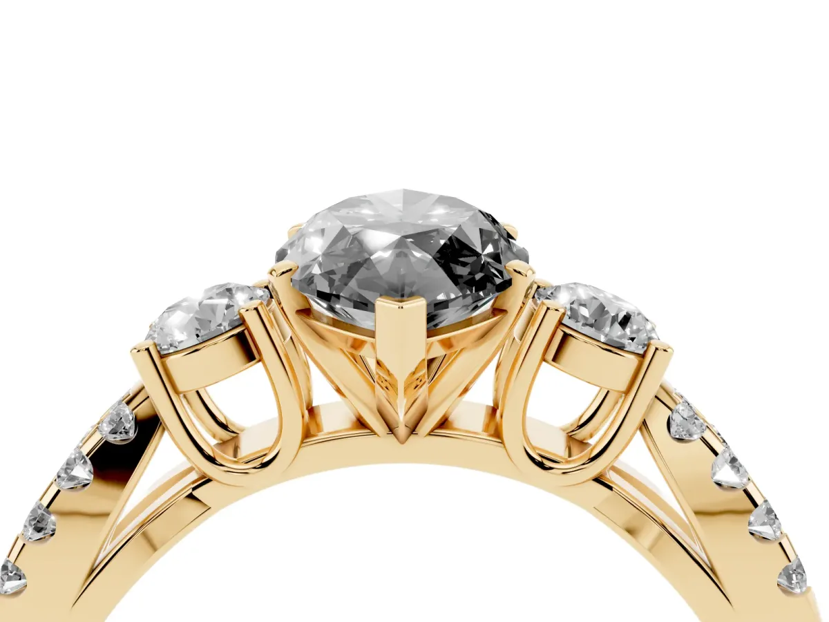 Fancy Black Marquise Cut Diamond Three-Stone Ring with Pavé Split Shank and Four-Prong Setting Yellow gold