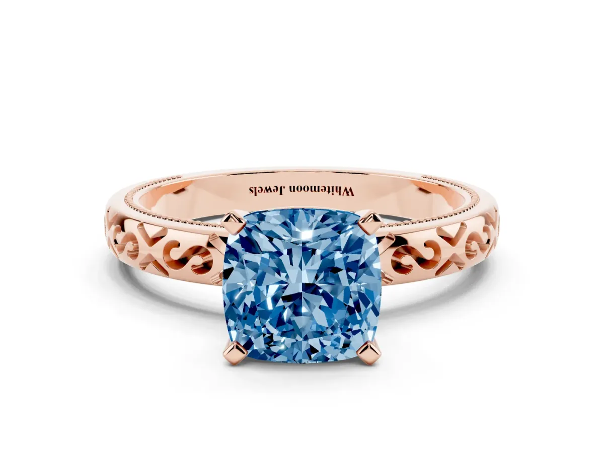 Fancy Blue Cushion Cut Solitaire Engagement Ring with Scrollwork Band and Four-Prong Setting Rose gold