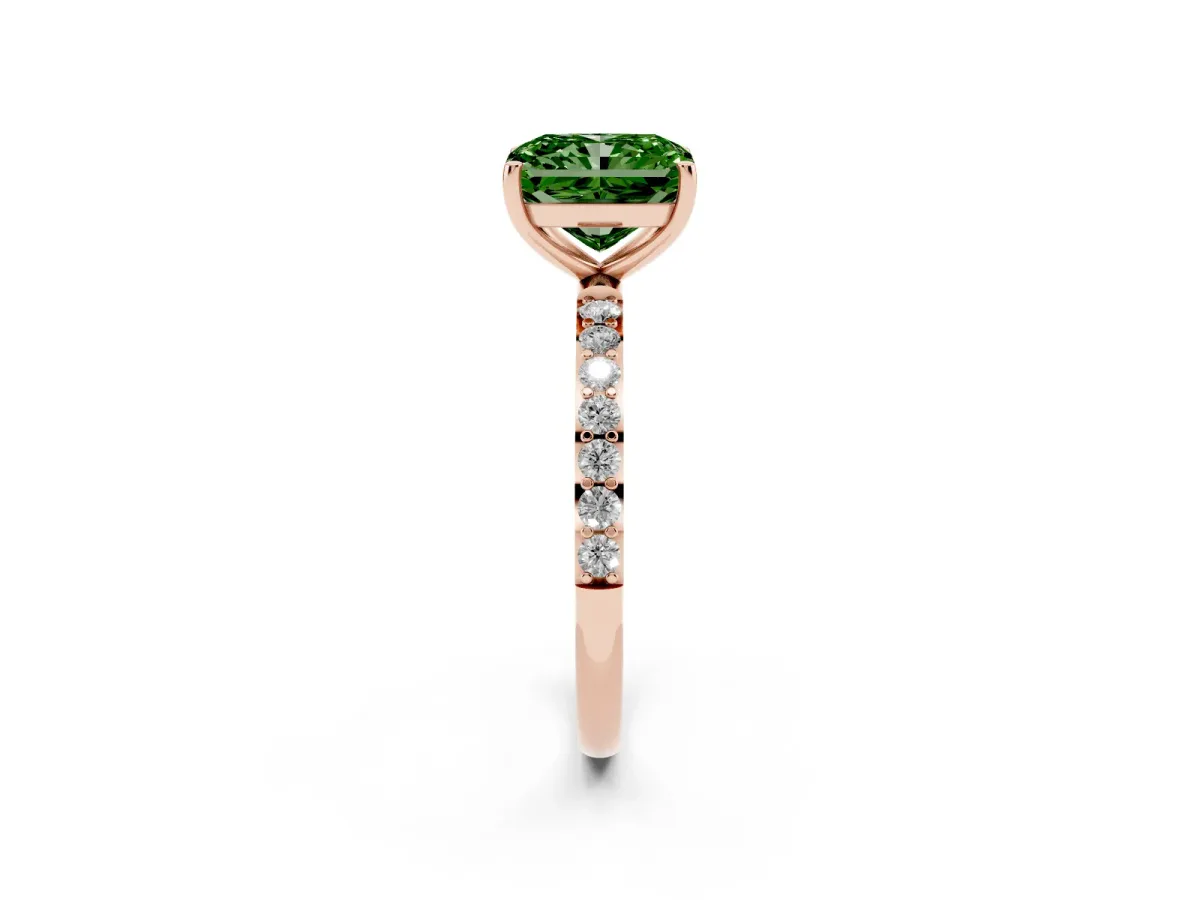 Fancy Green Radiant Cut Diamond Solitaire Ring with Round Pavé Shoulders and Prong Setting Rose gold
