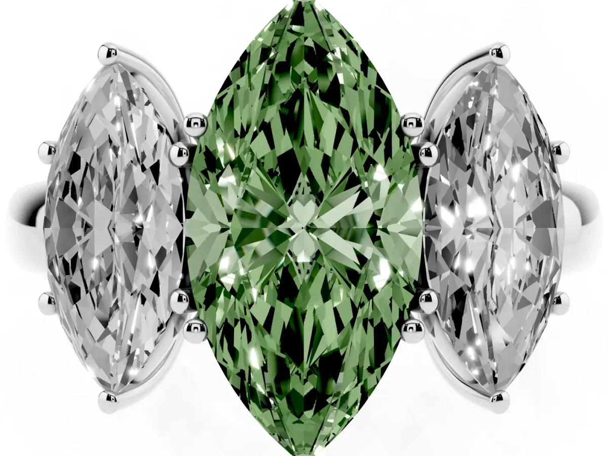 Fancy Green Marquise Cut Diamond Three-Stone Ring with Four-Prong Setting and Classic Band White gold