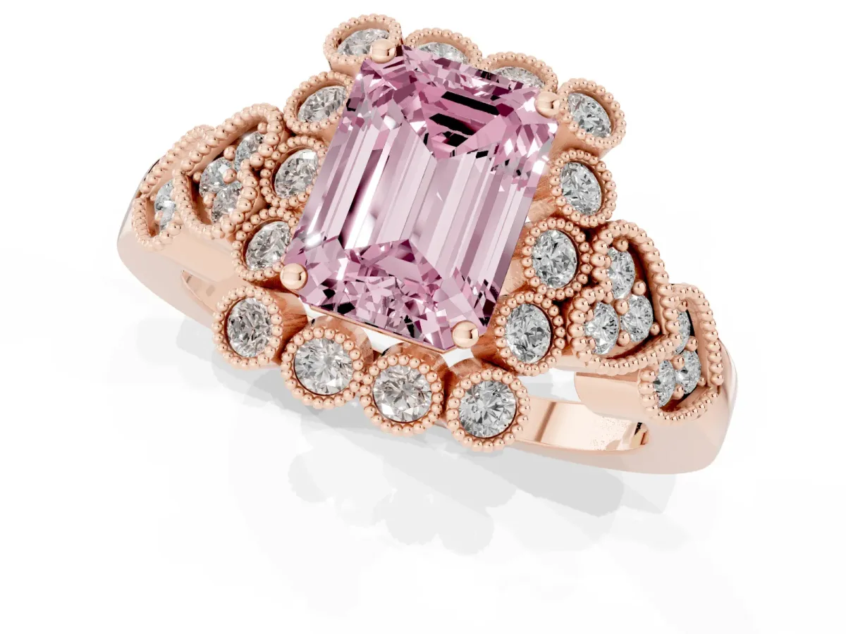 Fancy Pink Emerald Cut Brilliant Milgrain Pave Heart Band Solitaire Ring Rose gold