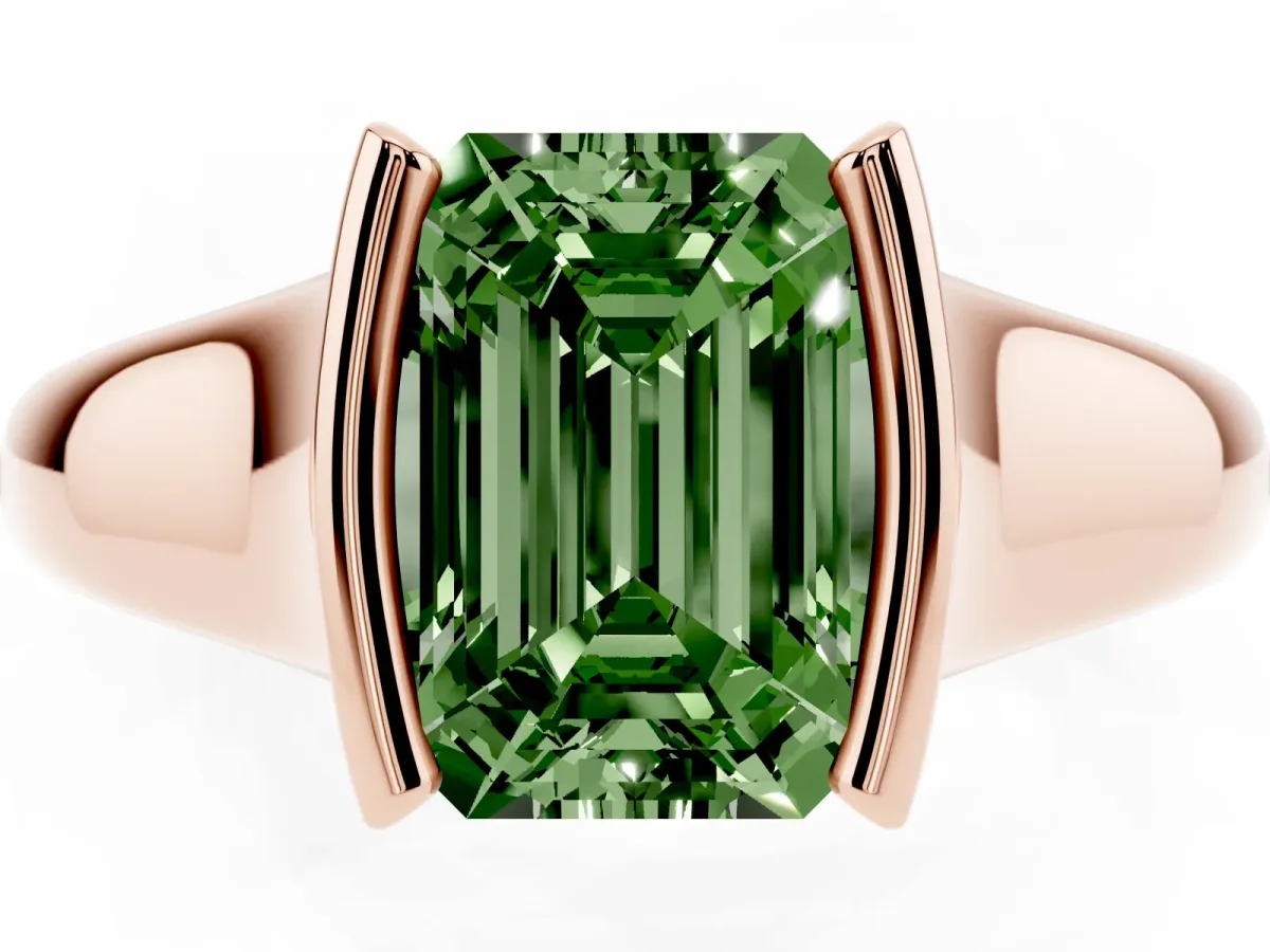 Fancy Green Emerald Cut Solitaire Tension Set Diamond Ring with Split Shank Band Rose gold