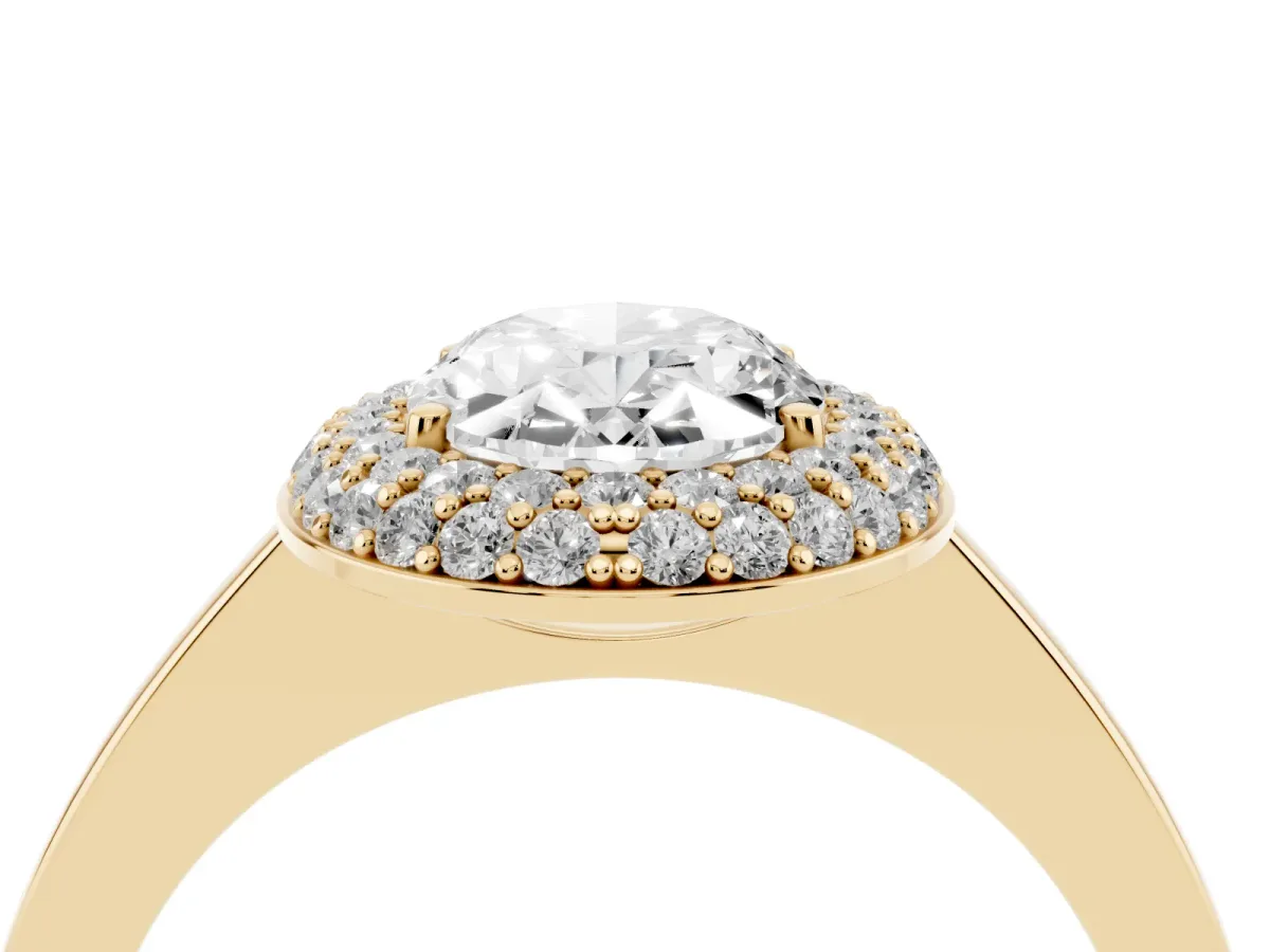 Oval Cut Halo Diamond Engagement Ring with Solitaire Band and Four-Prong Setting Yellow gold