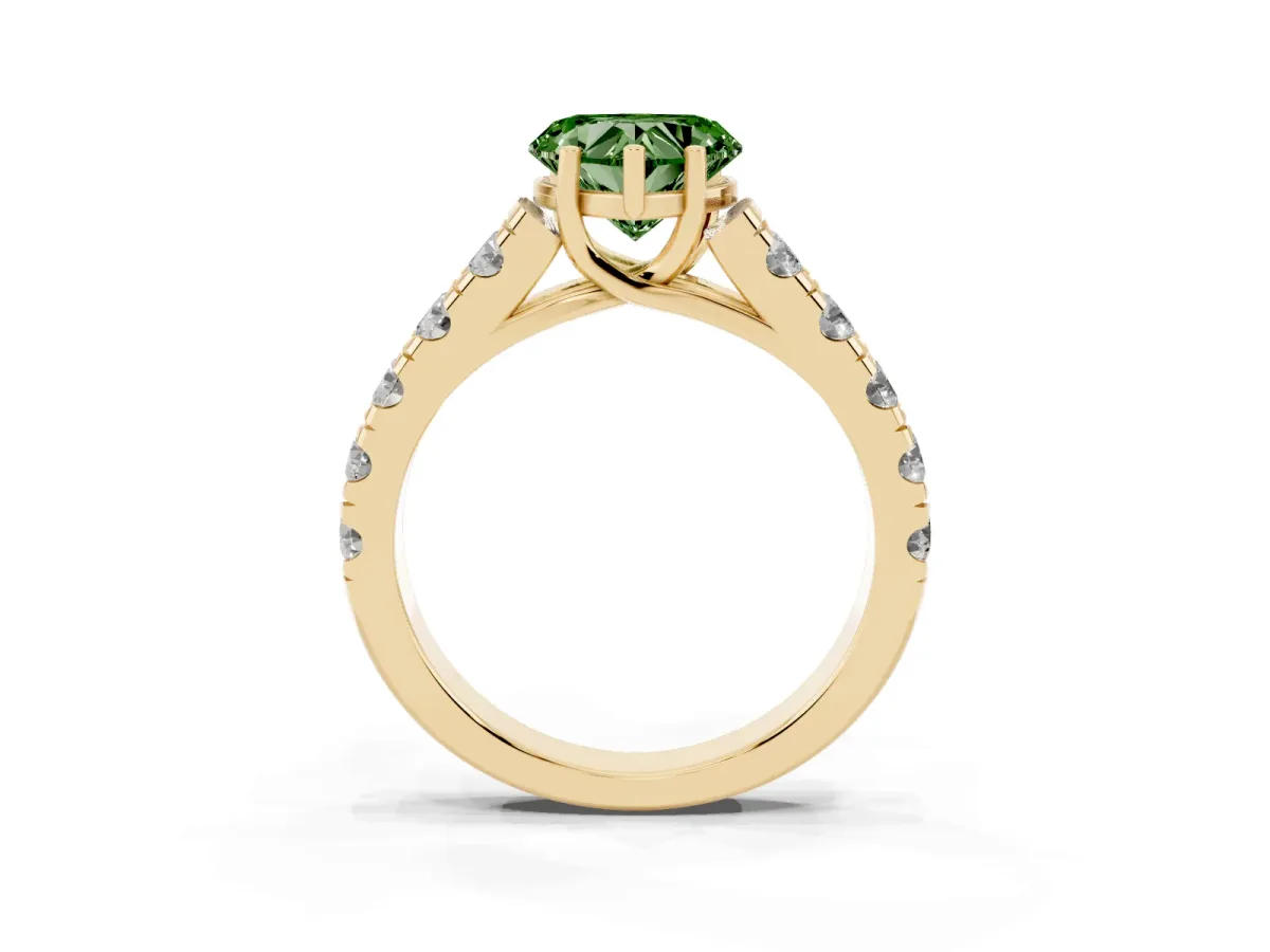 Fancy Green Heart Cut Cut Diamond Solitaire Ring with Micro Pave Band and Prong Setting Yellow gold