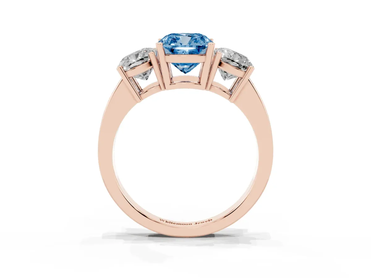 Fancy Blue Three-Stone Cushion Cut Cut Diamond Engagement Ring with Flat Band and Four-Prong Setting Rose gold