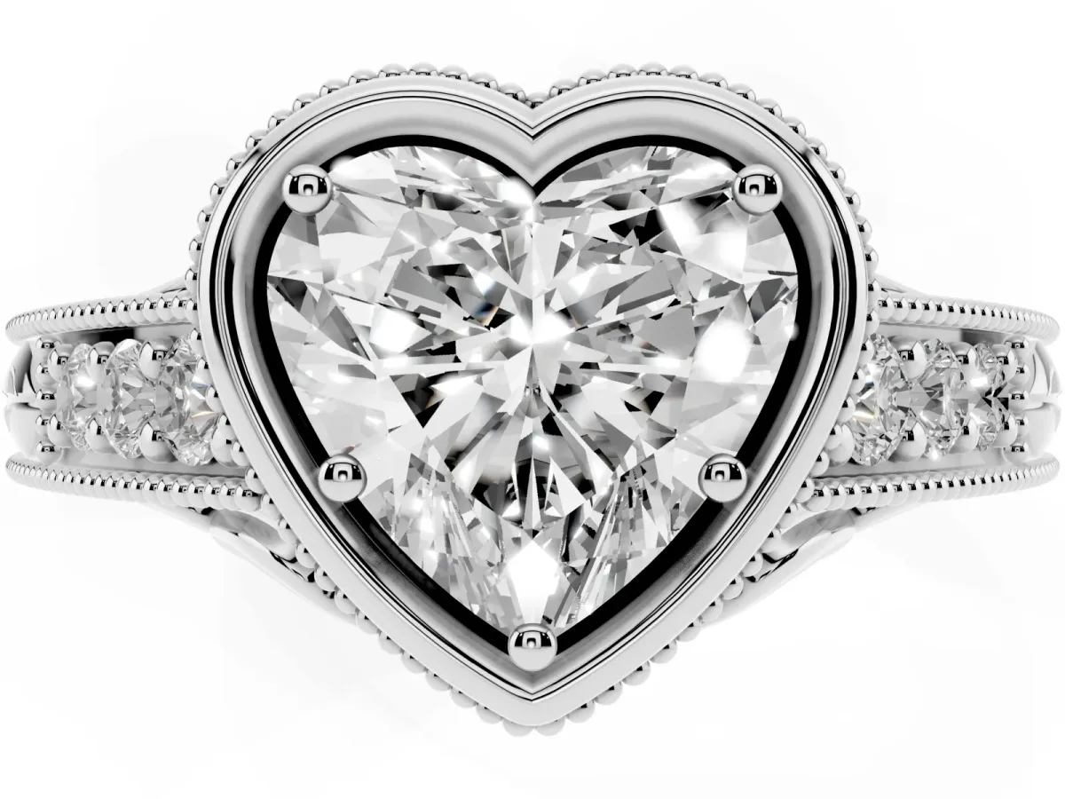 Bezel Set Heart Cut Diamond Milgrain Pave Engagement Ring Silver