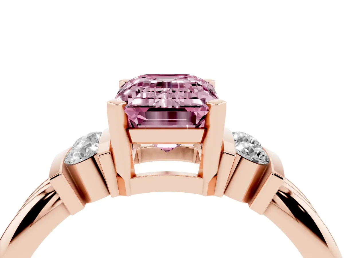 Fancy Pink Emerald Cut Cut Three-Stone Channel Set Ring with Bar Prongs Rose gold