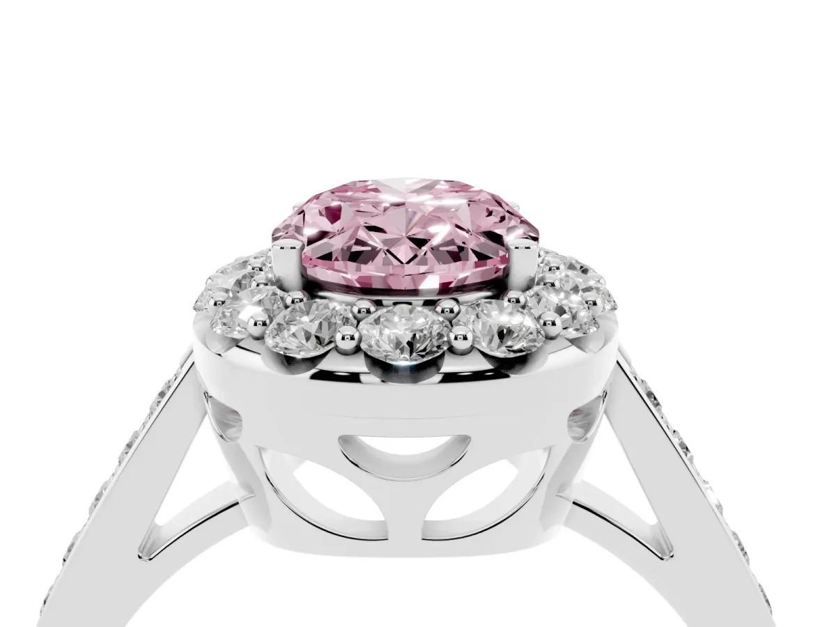 Fancy Pink Oval Cut Diamond Floral Halo Ring with Pavé Band and Prong Setting Platinum