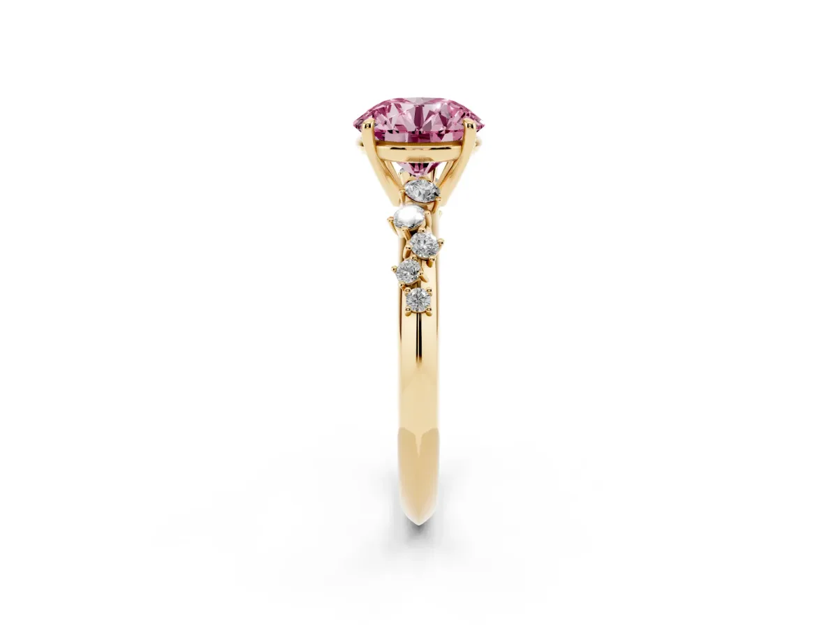 Fancy Pink Round Cut Diamond Cluster Side Stone Solitaire Ring with Prong Setting Yellow gold