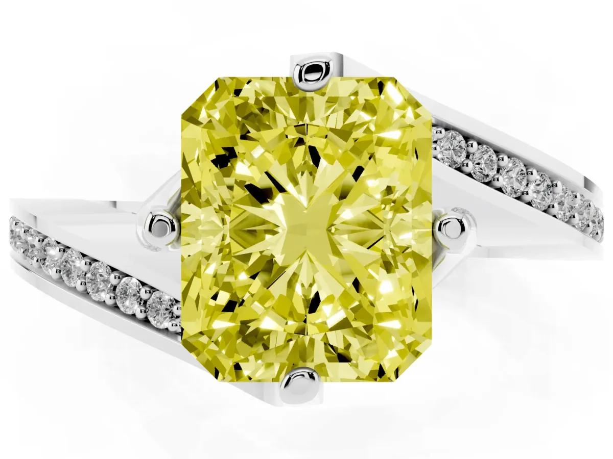 Fancy Yellow Radiant Cut Solitaire Diamond Twist Band with Pavé Setting and Four-Prong Setting Platinum