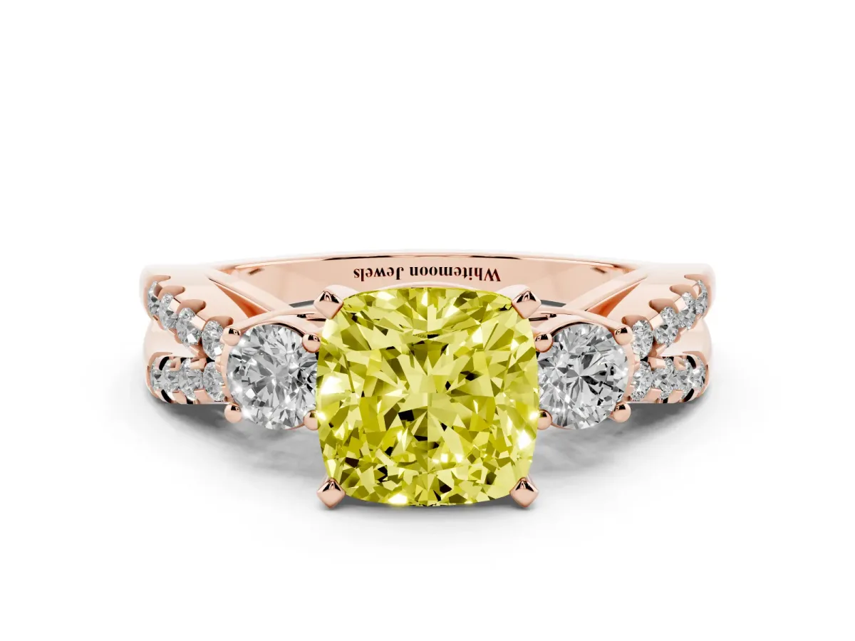 Fancy Yellow Cushion Cut Diamond Three-Stone Ring with Pavé Split Shank and Four-Prong Setting Rose gold