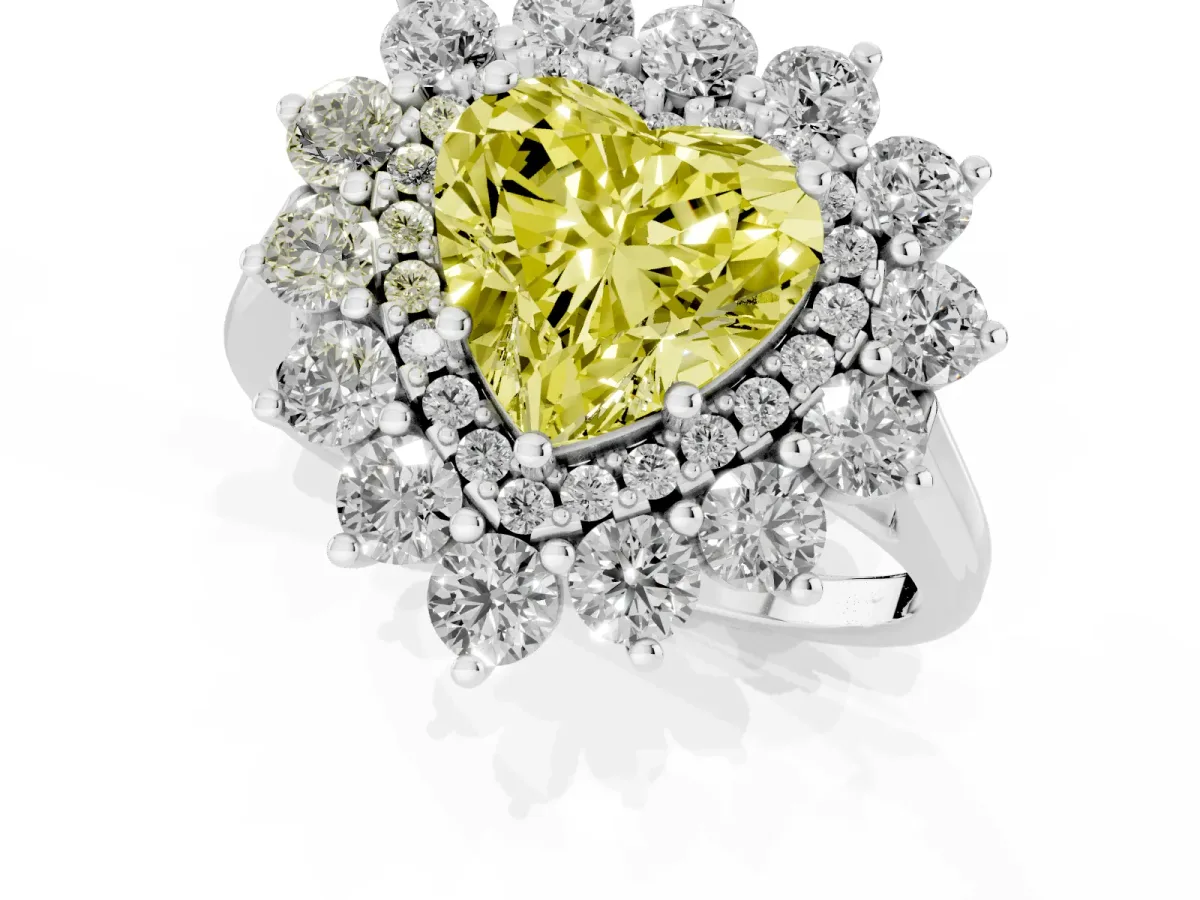 Fancy Yellow Heart Cut Diamond Floral Double Halo Engagement Ring with Prong Setting Silver